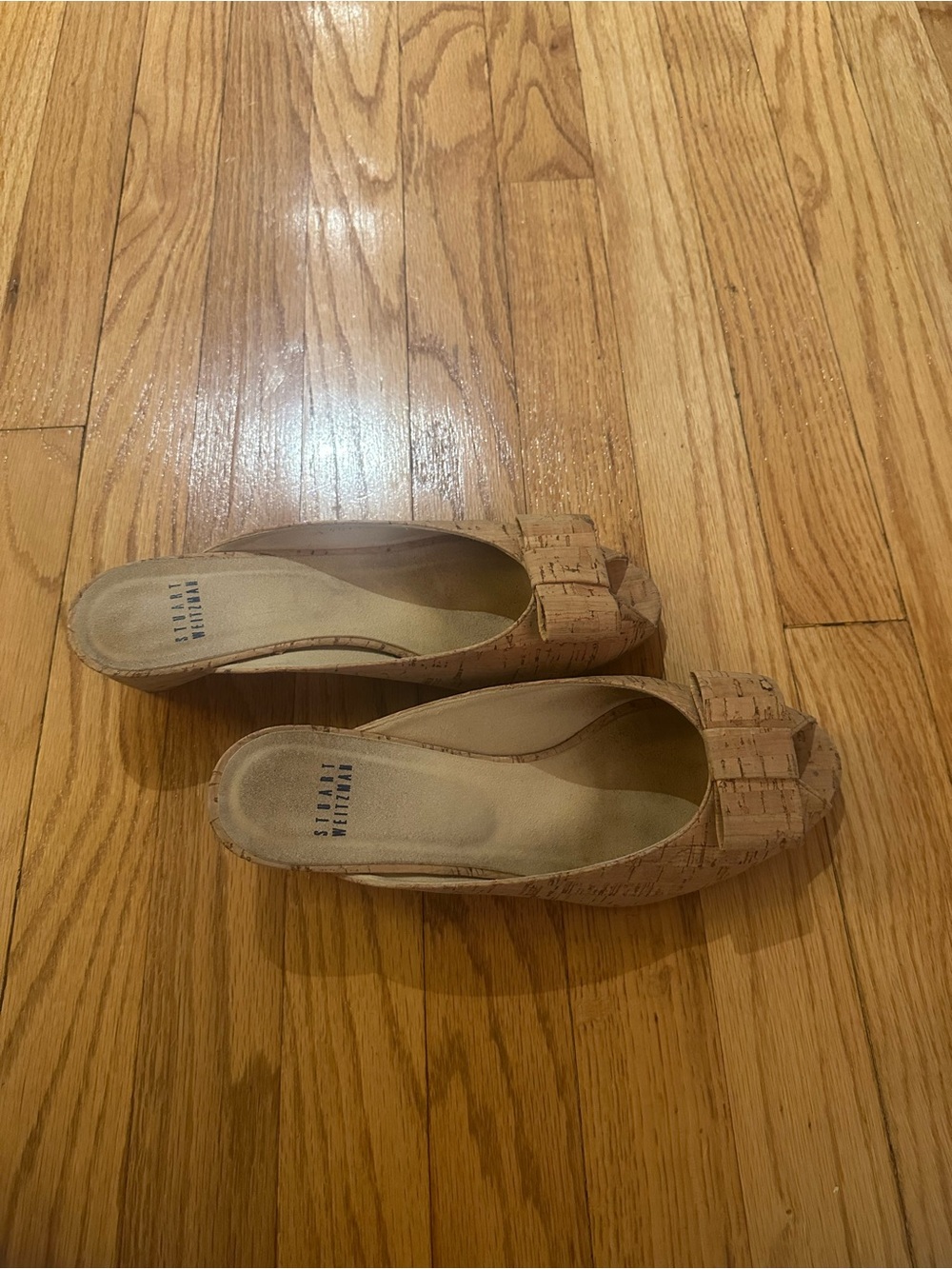 Stuart Weitzman Cork Peep-Toe Slip-On Wedge Mules in Natural Tan Size 9
